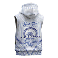 Queen Salote College 100 Years Personalized Sleeveless Hoodie Tonga QSC Heilala Lei White Ngatu Pattern LT14 - Polynesian Pride