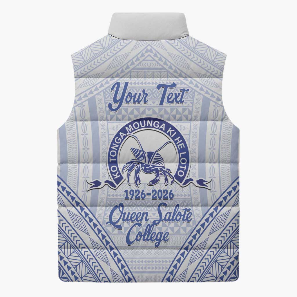 Queen Salote College 100 Years Personalized Sleeveless Puffer Jacket Tonga QSC Heilala Lei White Ngatu Pattern LT14 - Polynesian Pride