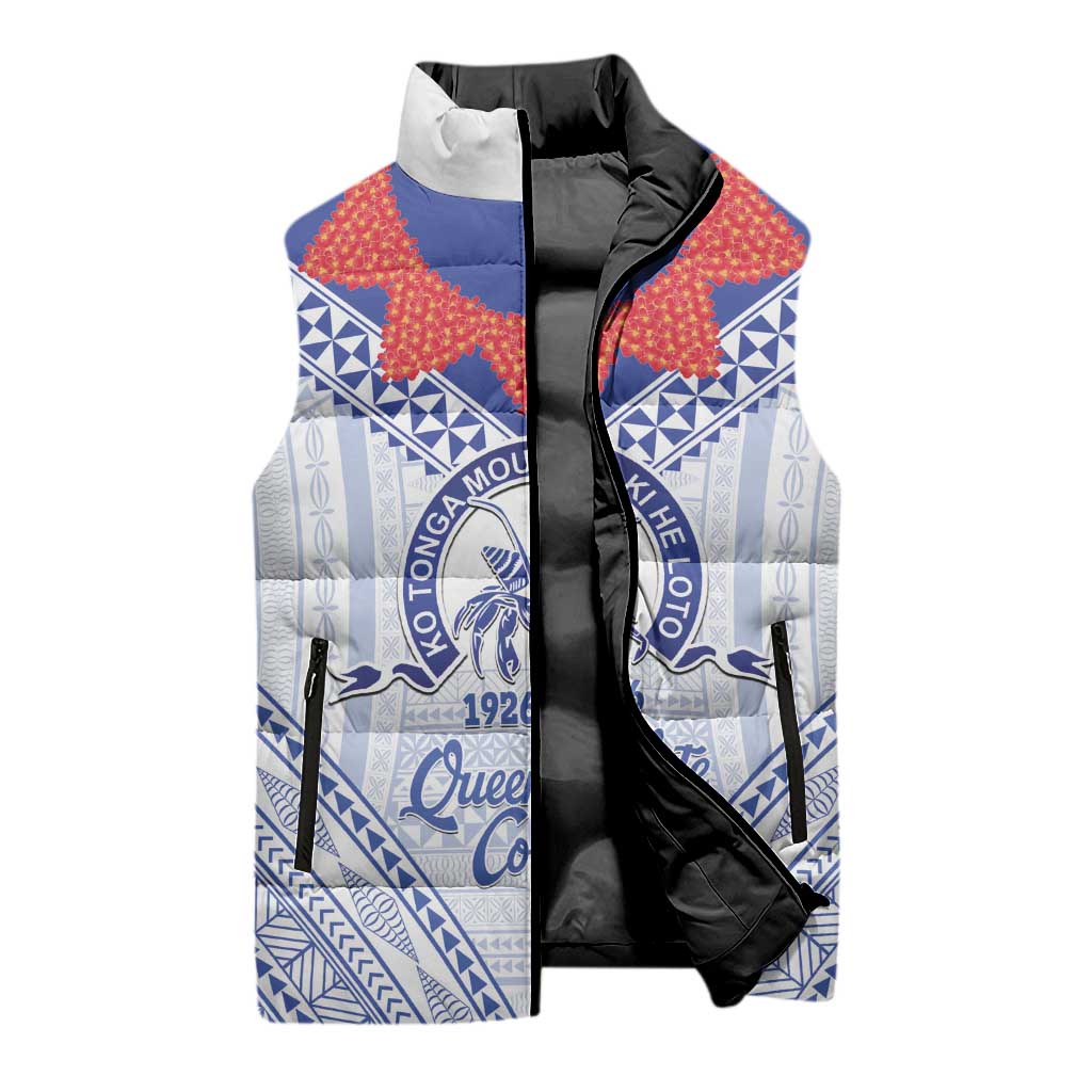Queen Salote College 100 Years Personalized Sleeveless Puffer Jacket Tonga QSC Heilala Lei White Ngatu Pattern LT14 - Polynesian Pride