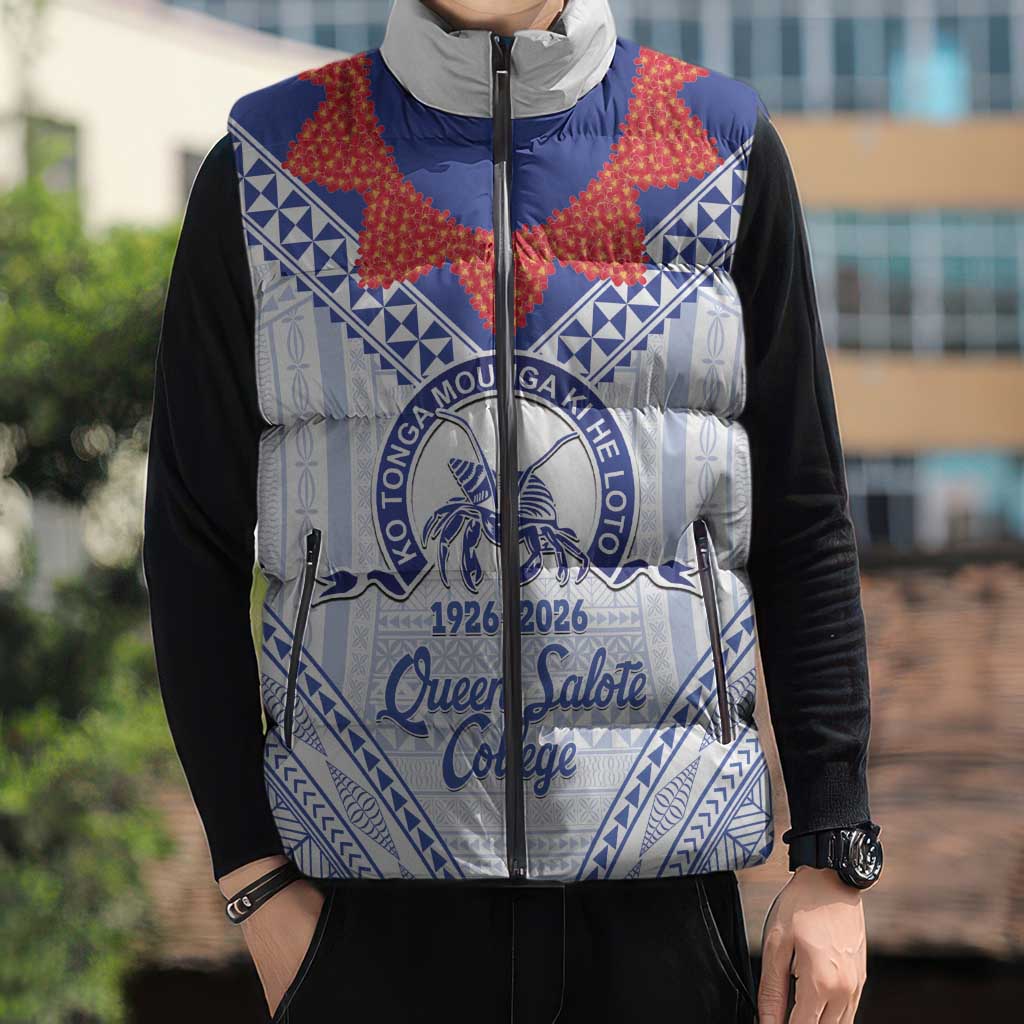 Queen Salote College 100 Years Personalized Sleeveless Puffer Jacket Tonga QSC Heilala Lei White Ngatu Pattern LT14 - Polynesian Pride