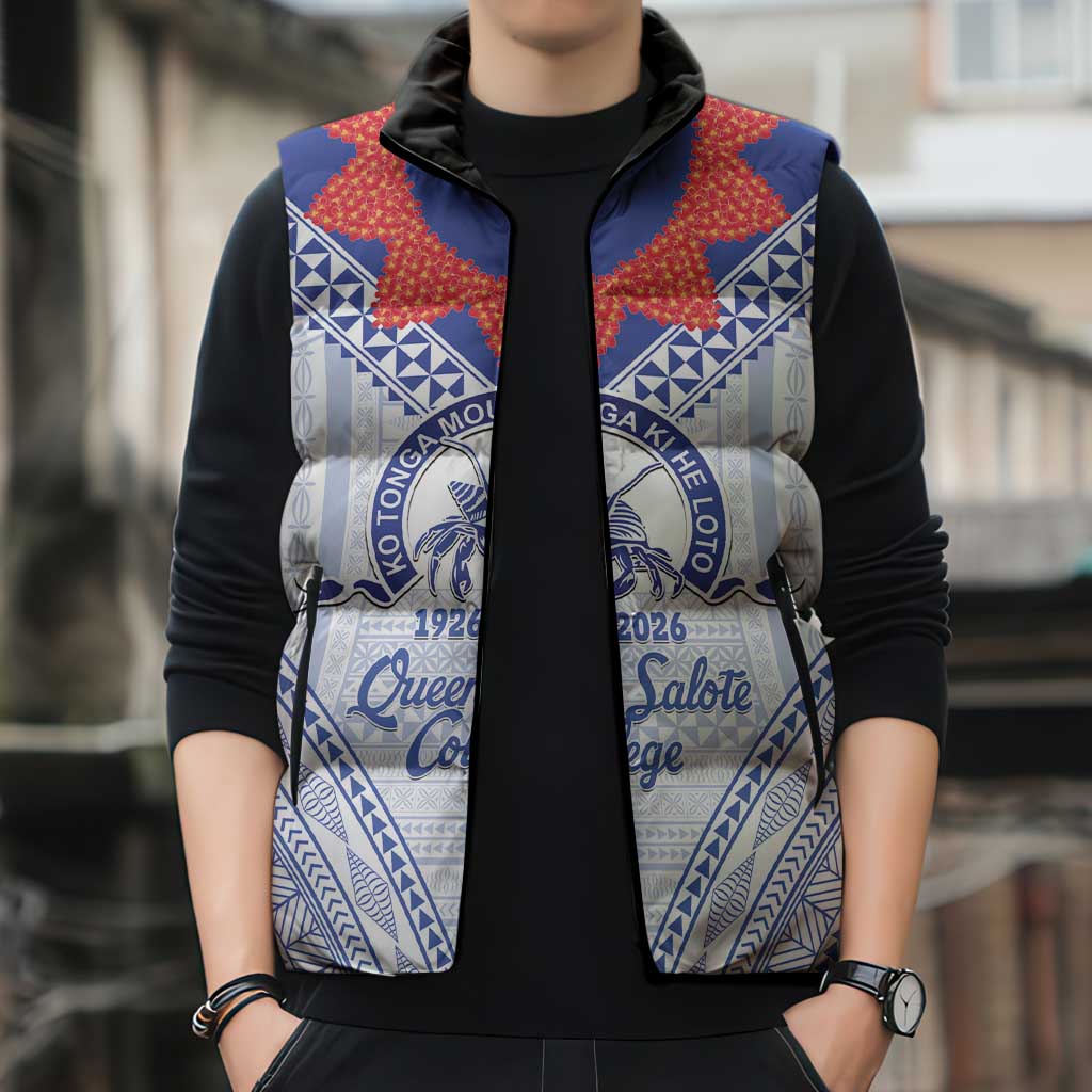 Queen Salote College 100 Years Personalized Sleeveless Puffer Jacket Tonga QSC Heilala Lei White Ngatu Pattern LT14 - Polynesian Pride