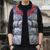 Queen Salote College 100 Years Personalized Sleeveless Puffer Jacket Tonga QSC Heilala Lei White Ngatu Pattern LT14 - Polynesian Pride
