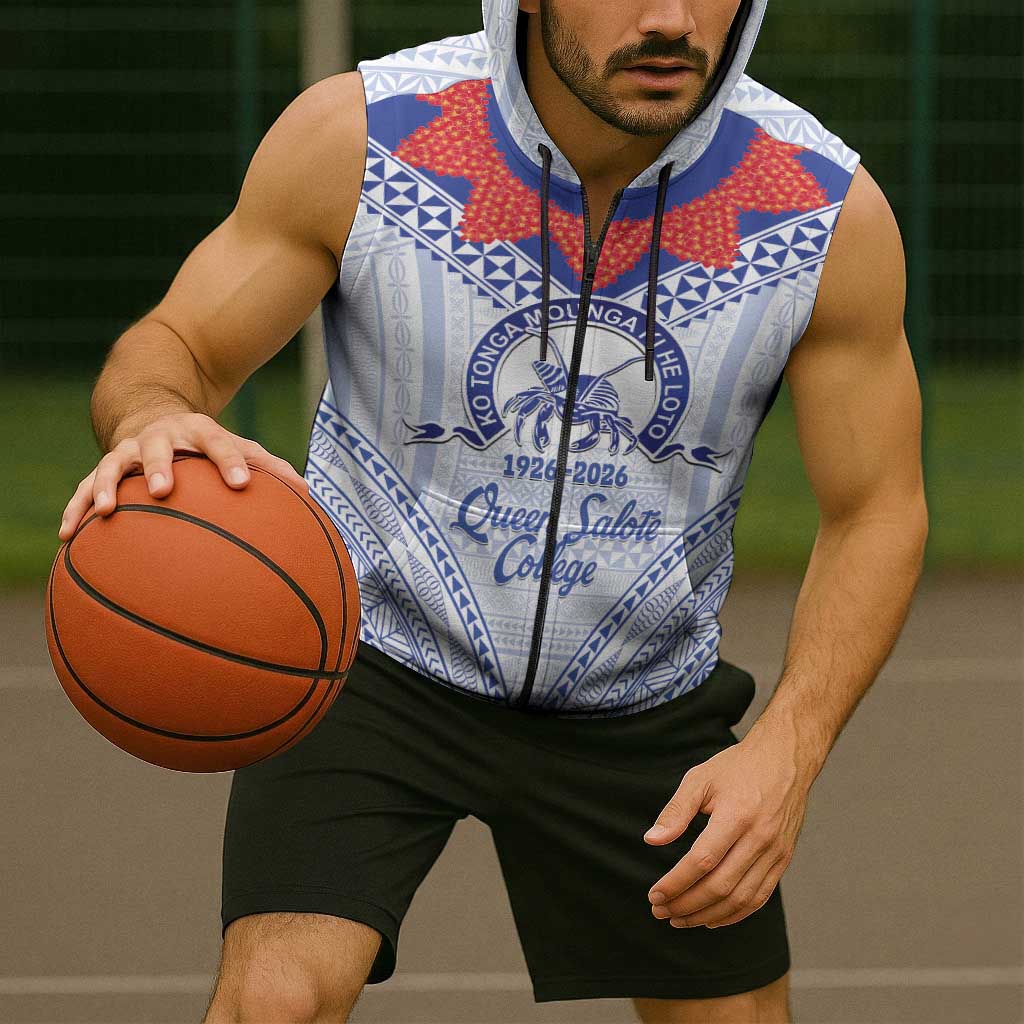 Queen Salote College 100 Years Personalized Sleeveless Zip Hoodie Tonga QSC Heilala Lei White Ngatu Pattern LT14 - Polynesian Pride