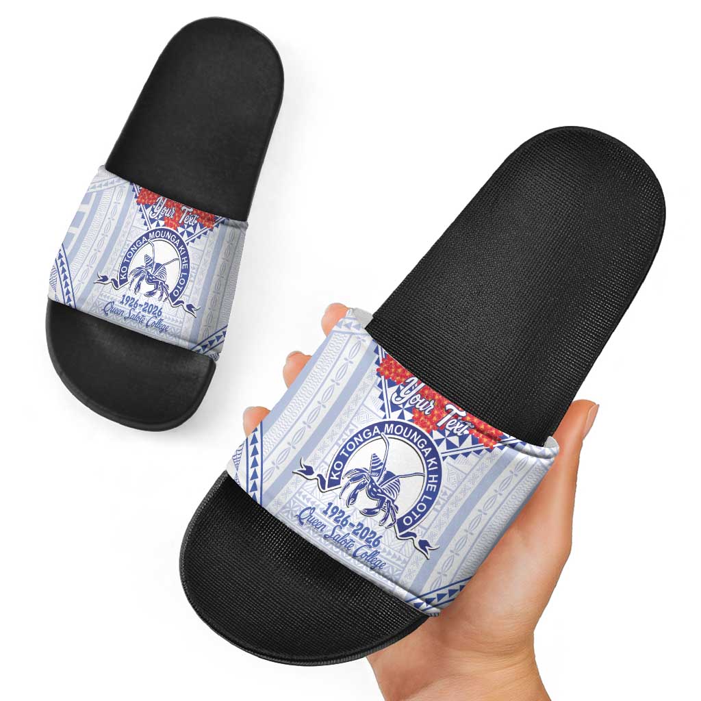 Queen Salote College 100 Years Personalized Slide Sandals Tonga QSC Heilala Lei White Ngatu Pattern