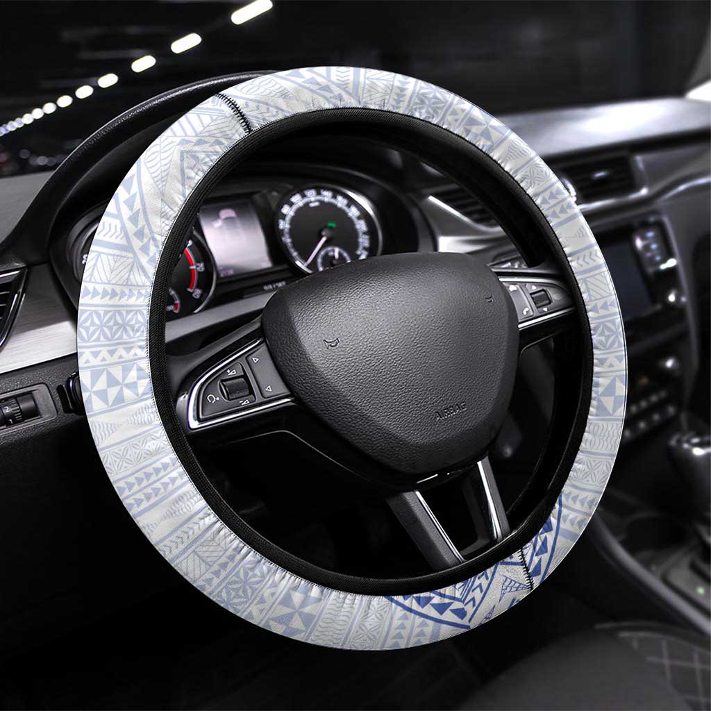 Queen Salote College 100 Years Steering Wheel Cover Tonga QSC Heilala Lei White Ngatu Pattern LT14 Universal Fit White - Polynesian Pride