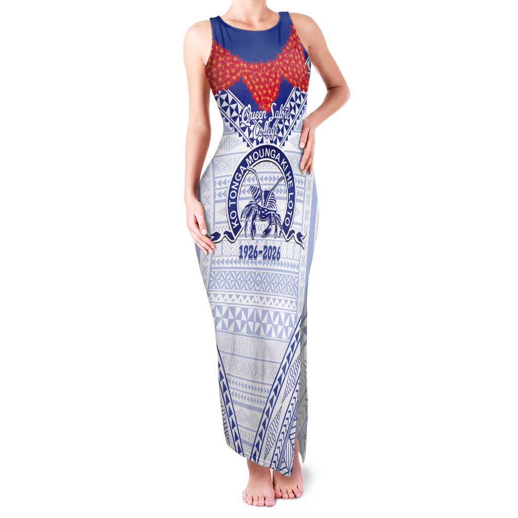 Queen Salote College 100 Years Personalized Tank Maxi Dress Tonga QSC Heilala Lei White Ngatu Pattern LT14 Women White - Polynesian Pride