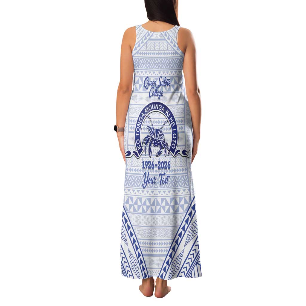 Queen Salote College 100 Years Personalized Tank Maxi Dress Tonga QSC Heilala Lei White Ngatu Pattern LT14 - Polynesian Pride