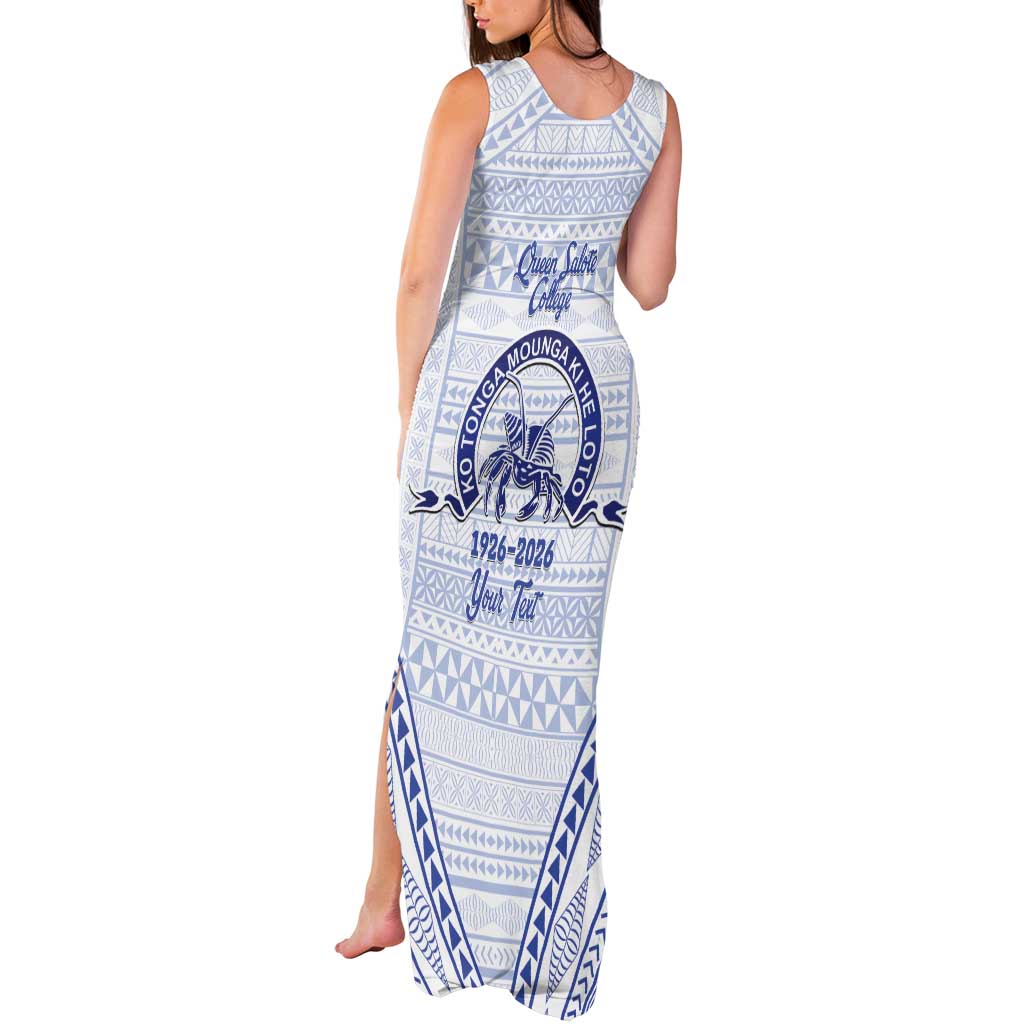 Queen Salote College 100 Years Personalized Tank Maxi Dress Tonga QSC Heilala Lei White Ngatu Pattern LT14 - Polynesian Pride