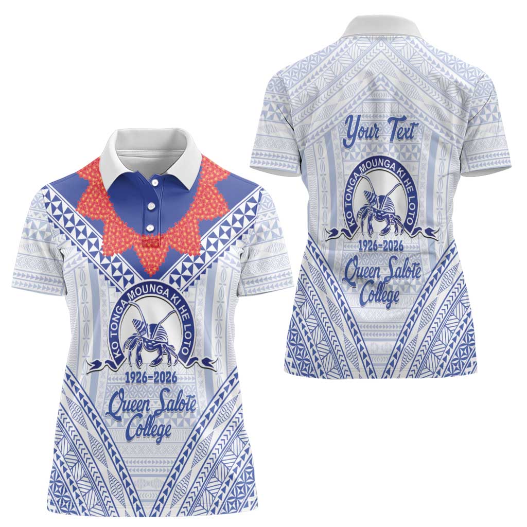 Queen Salote College 100 Years Personalized Women Polo Shirt Tonga QSC Heilala Lei White Ngatu Pattern LT14 - Polynesian Pride
