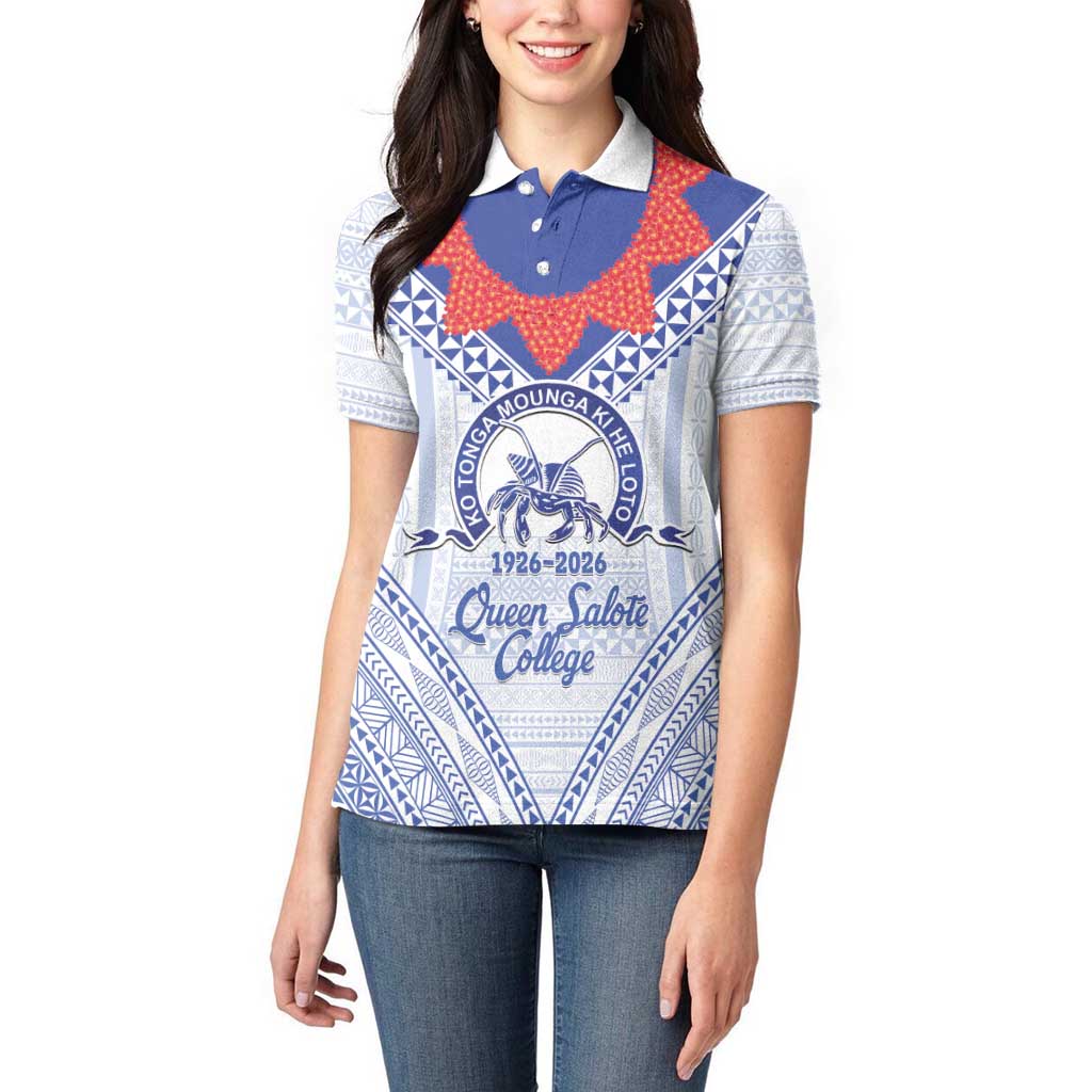 Queen Salote College 100 Years Personalized Women Polo Shirt Tonga QSC Heilala Lei White Ngatu Pattern LT14 - Polynesian Pride