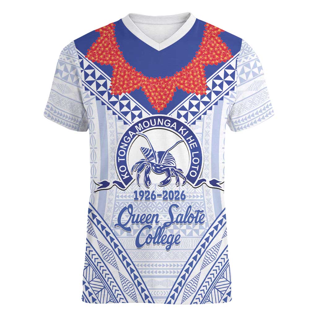 Queen Salote College 100 Years Personalized Women V-Neck T-Shirt Tonga QSC Heilala Lei White Ngatu Pattern LT14 Female White - Polynesian Pride