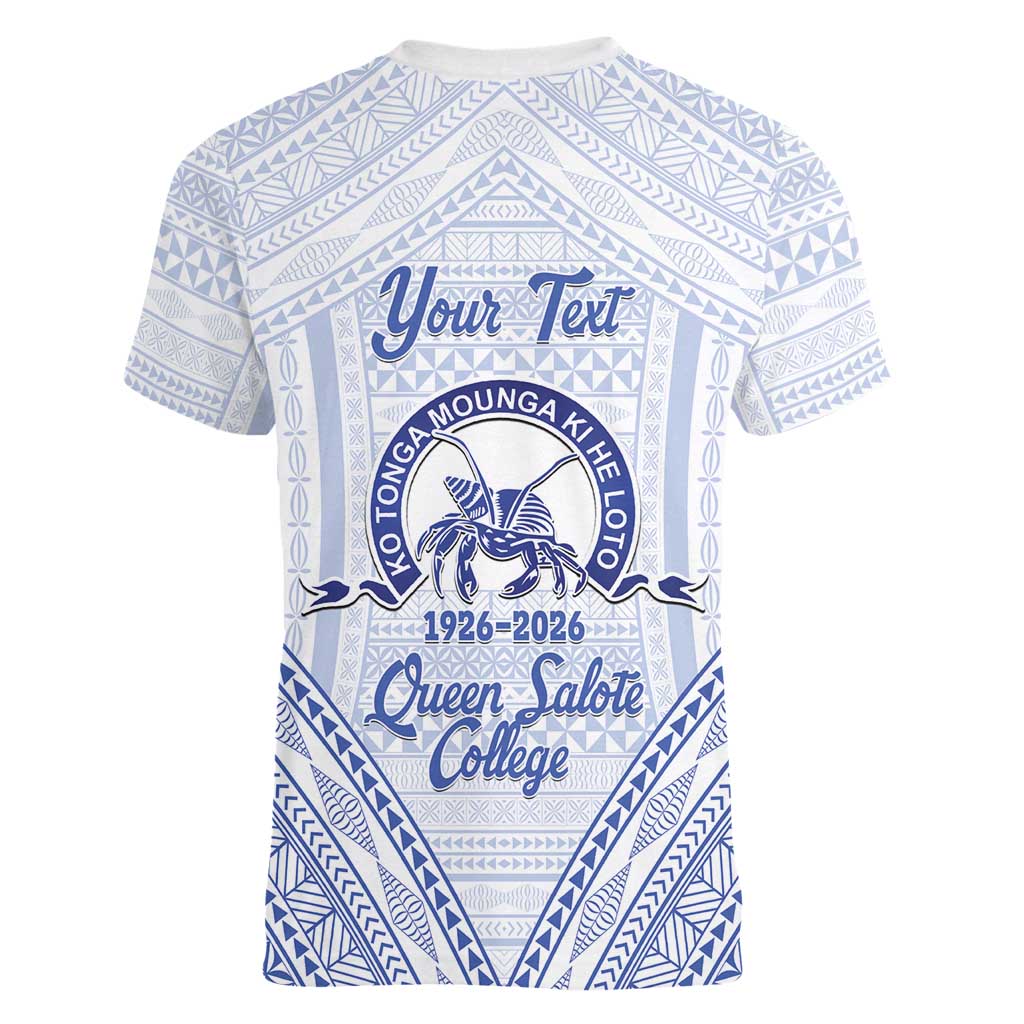 Queen Salote College 100 Years Personalized Women V-Neck T-Shirt Tonga QSC Heilala Lei White Ngatu Pattern LT14 - Polynesian Pride