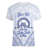 Queen Salote College 100 Years Personalized Women V-Neck T-Shirt Tonga QSC Heilala Lei White Ngatu Pattern LT14 - Polynesian Pride