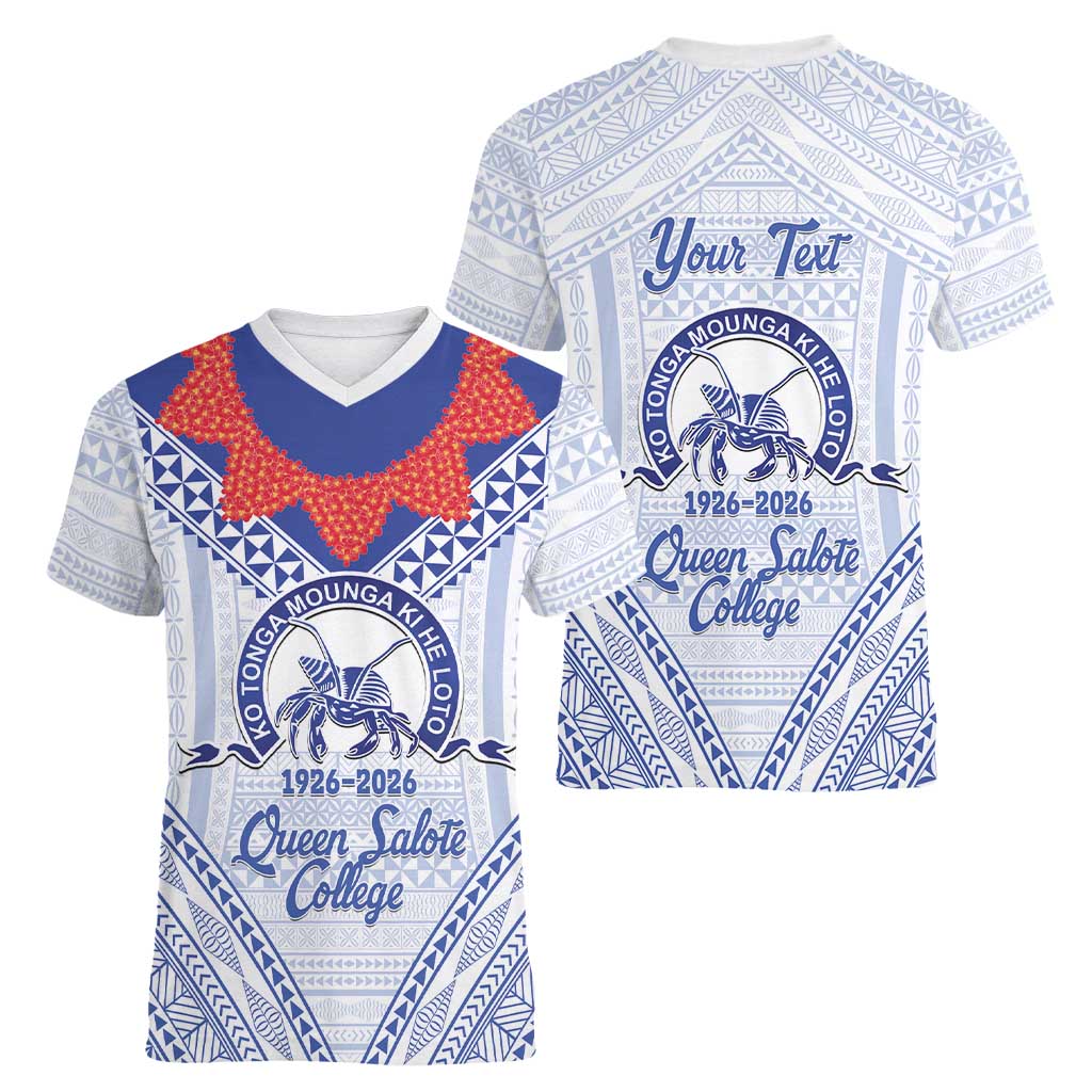 Queen Salote College 100 Years Personalized Women V-Neck T-Shirt Tonga QSC Heilala Lei White Ngatu Pattern LT14 - Polynesian Pride
