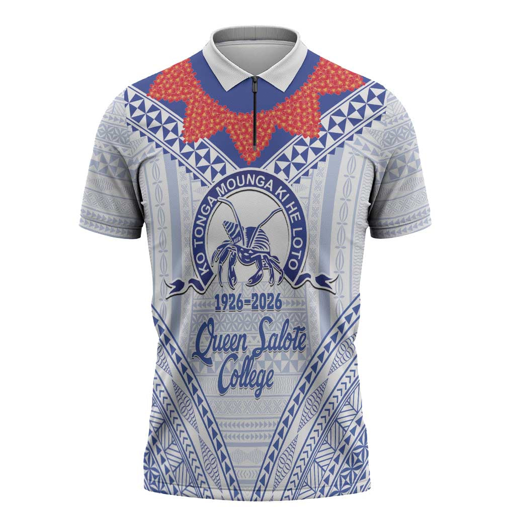 Queen Salote College 100 Years Personalized Zipper Polo Shirt Tonga QSC Heilala Lei White Ngatu Pattern LT14 White - Polynesian Pride