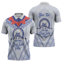 Queen Salote College 100 Years Personalized Zipper Polo Shirt Tonga QSC Heilala Lei White Ngatu Pattern LT14 - Polynesian Pride