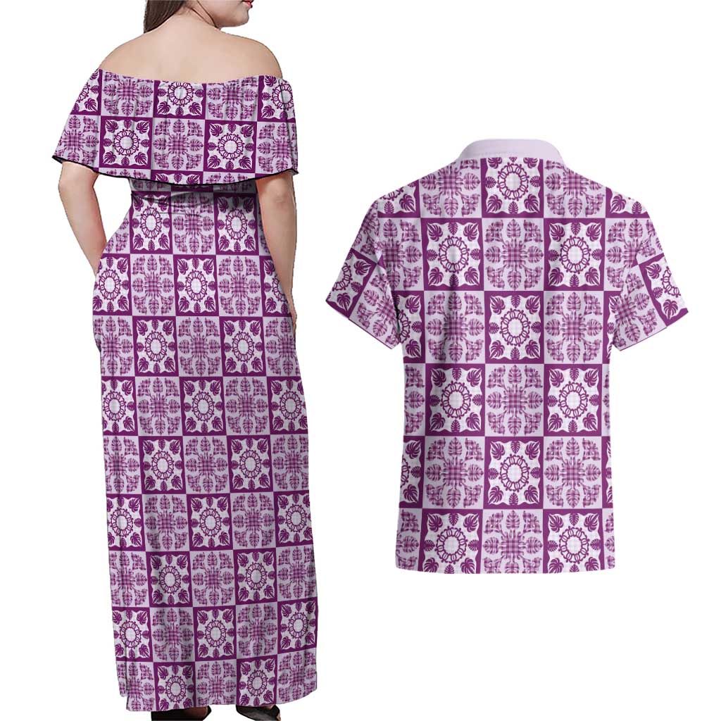 Poni Palaka Quilt Hawaii Couples Matching Off Shoulder Maxi Dress and Hawaiian Shirt Hawaiian Tropical Monstera Sea Turtle
