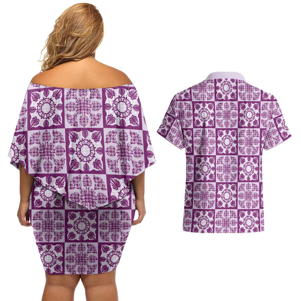 Poni Palaka Quilt Hawaii Couples Matching Off Shoulder Short Dress and Hawaiian Shirt Hawaiian Tropical Monstera Sea Turtle
