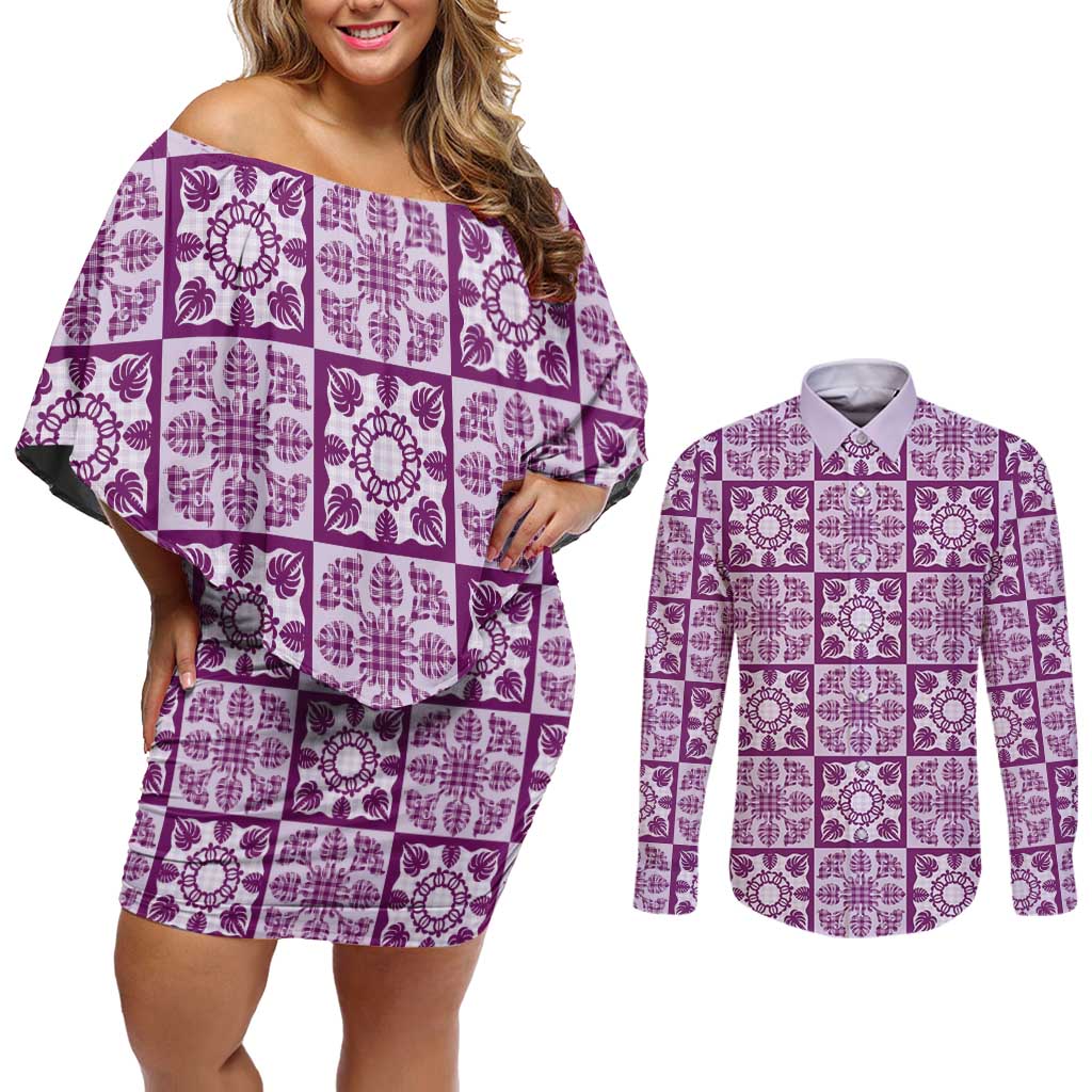 Poni Palaka Quilt Hawaii Couples Matching Off Shoulder Short Dress and Long Sleeve Button Shirt Hawaiian Tropical Monstera Sea Turtle LT14 Purple - Polynesian Pride