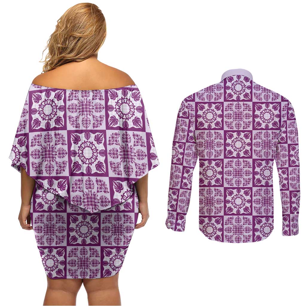 Poni Palaka Quilt Hawaii Couples Matching Off Shoulder Short Dress and Long Sleeve Button Shirt Hawaiian Tropical Monstera Sea Turtle