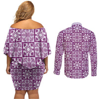 Poni Palaka Quilt Hawaii Couples Matching Off Shoulder Short Dress and Long Sleeve Button Shirt Hawaiian Tropical Monstera Sea Turtle