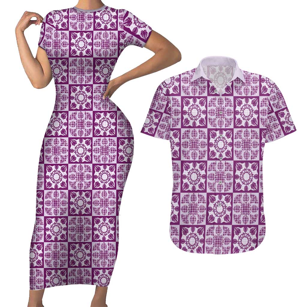 Poni Palaka Quilt Hawaii Couples Matching Short Sleeve Bodycon Dress and Hawaiian Shirt Hawaiian Tropical Monstera Sea Turtle LT14 Purple - Polynesian Pride