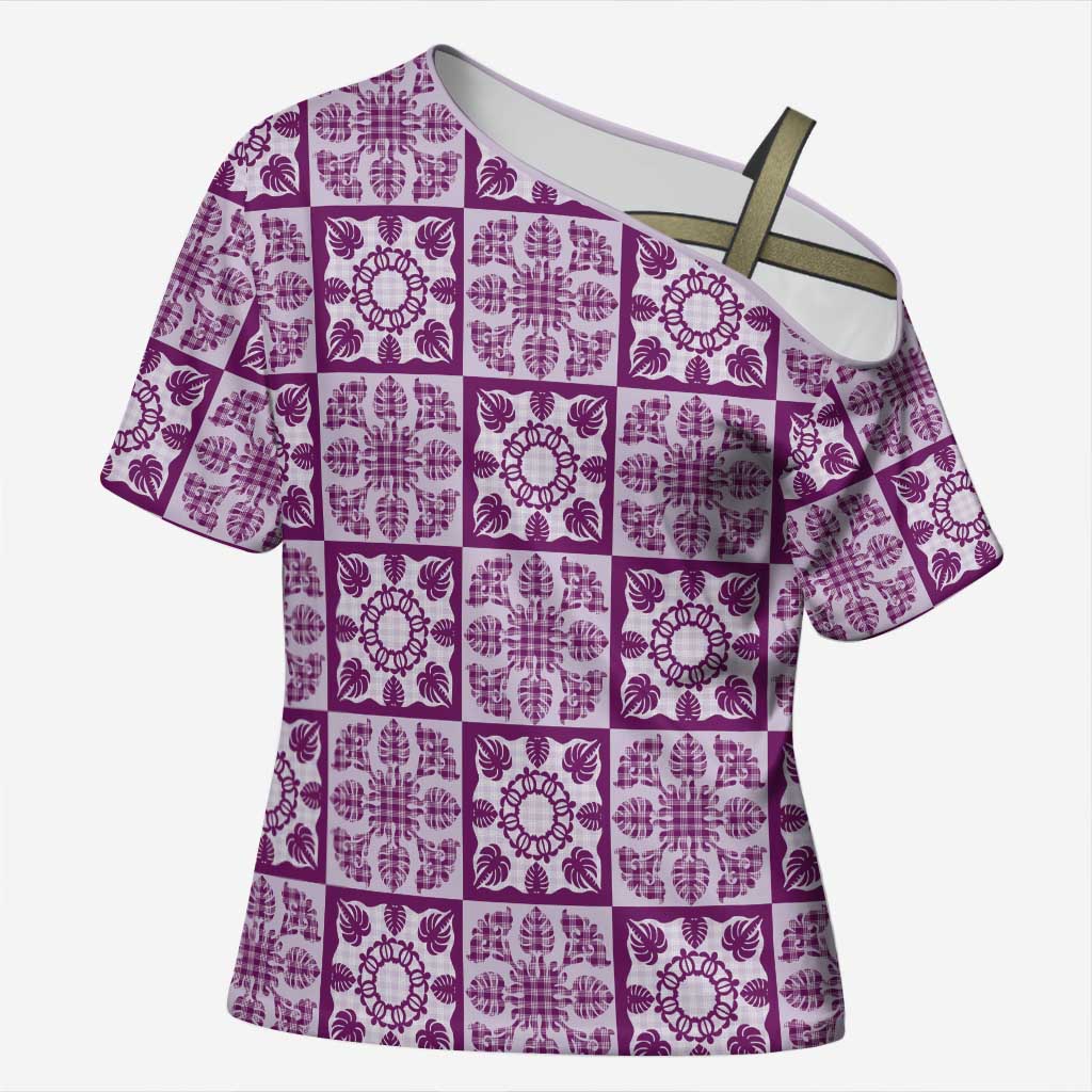 Poni Palaka Quilt Hawaii Cross Shoulder Shirt Hawaiian Tropical Monstera Sea Turtle LT14 Female Purple - Polynesian Pride