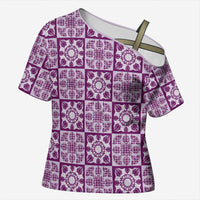Poni Palaka Quilt Hawaii Cross Shoulder Shirt Hawaiian Tropical Monstera Sea Turtle LT14 Female Purple - Polynesian Pride