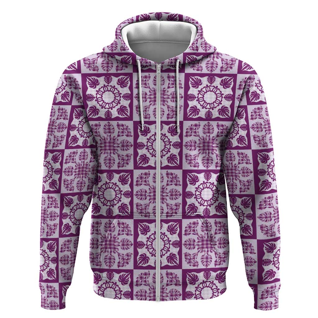 Poni Palaka Quilt Hawaii Hoodie Hawaiian Tropical Monstera Sea Turtle LT14 Zip Hoodie Purple - Polynesian Pride