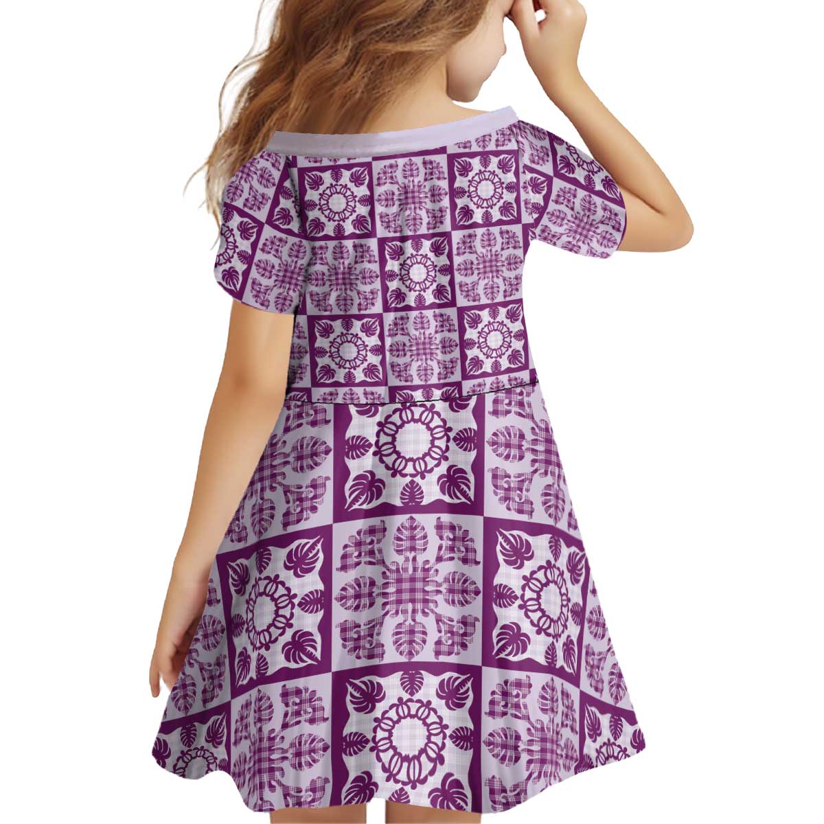 Poni Palaka Quilt Hawaii Kid Short Sleeve Dress Hawaiian Tropical Monstera Sea Turtle LT14 - Polynesian Pride