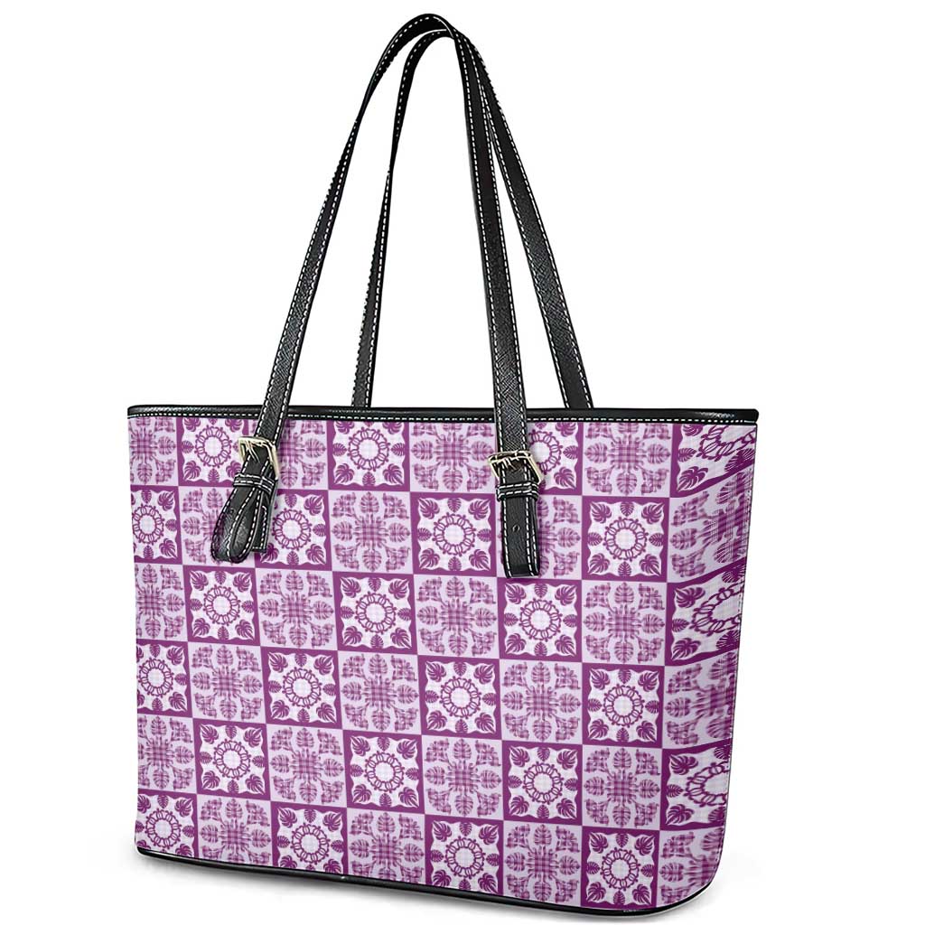 Poni Palaka Quilt Hawaii Leather Tote Bag Hawaiian Tropical Monstera Sea Turtle