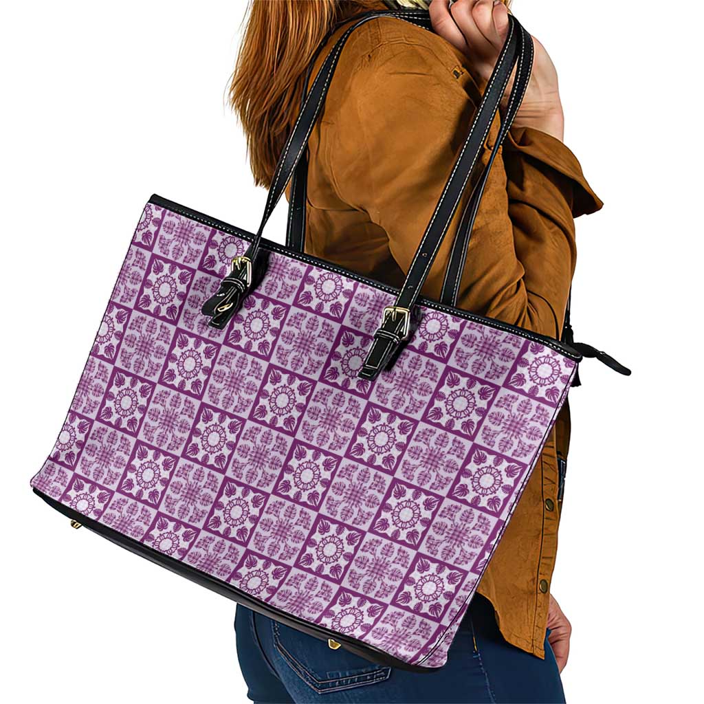 Poni Palaka Quilt Hawaii Leather Tote Bag Hawaiian Tropical Monstera Sea Turtle