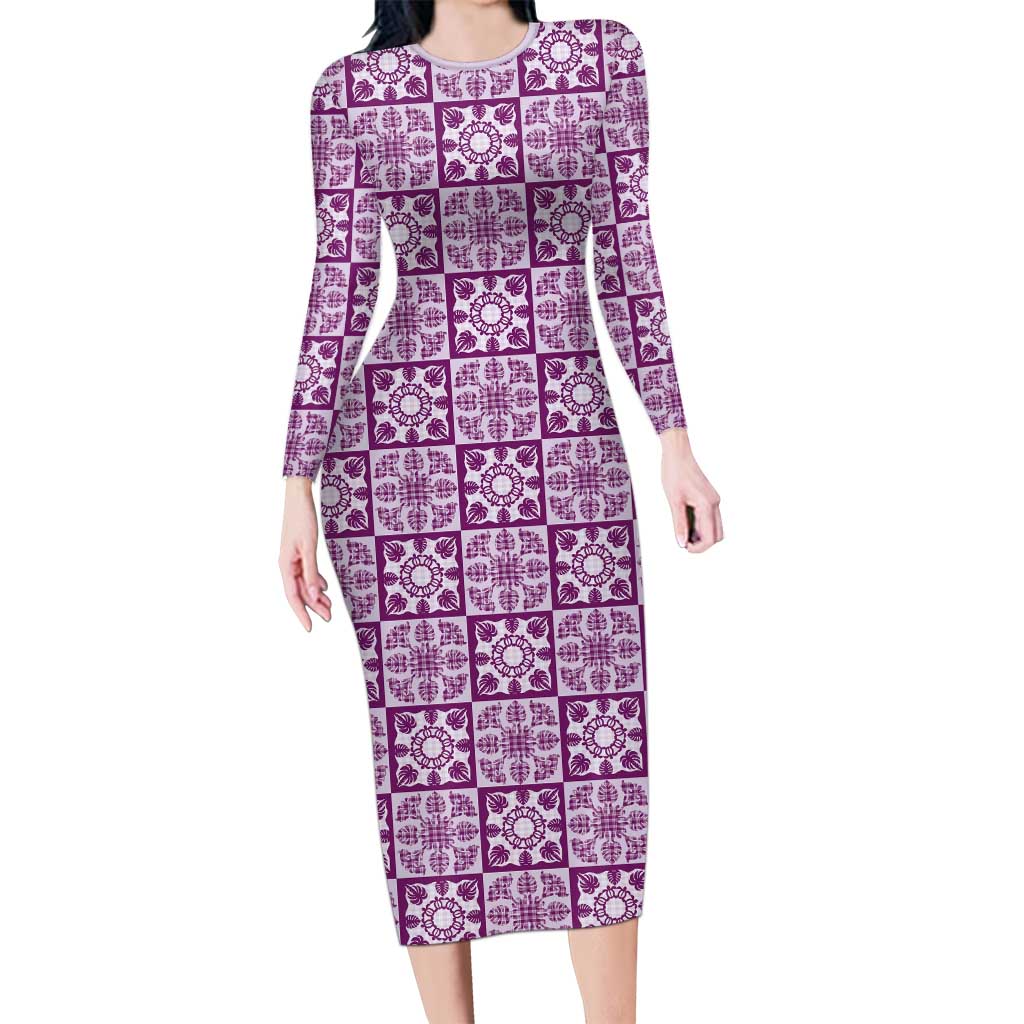 Poni Palaka Quilt Hawaii Long Sleeve Bodycon Dress Hawaiian Tropical Monstera Sea Turtle LT14 Long Dress Purple - Polynesian Pride