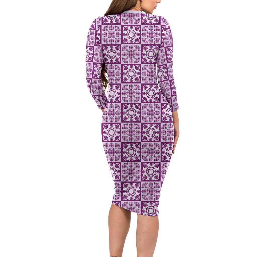 Poni Palaka Quilt Hawaii Long Sleeve Bodycon Dress Hawaiian Tropical Monstera Sea Turtle LT14 - Polynesian Pride