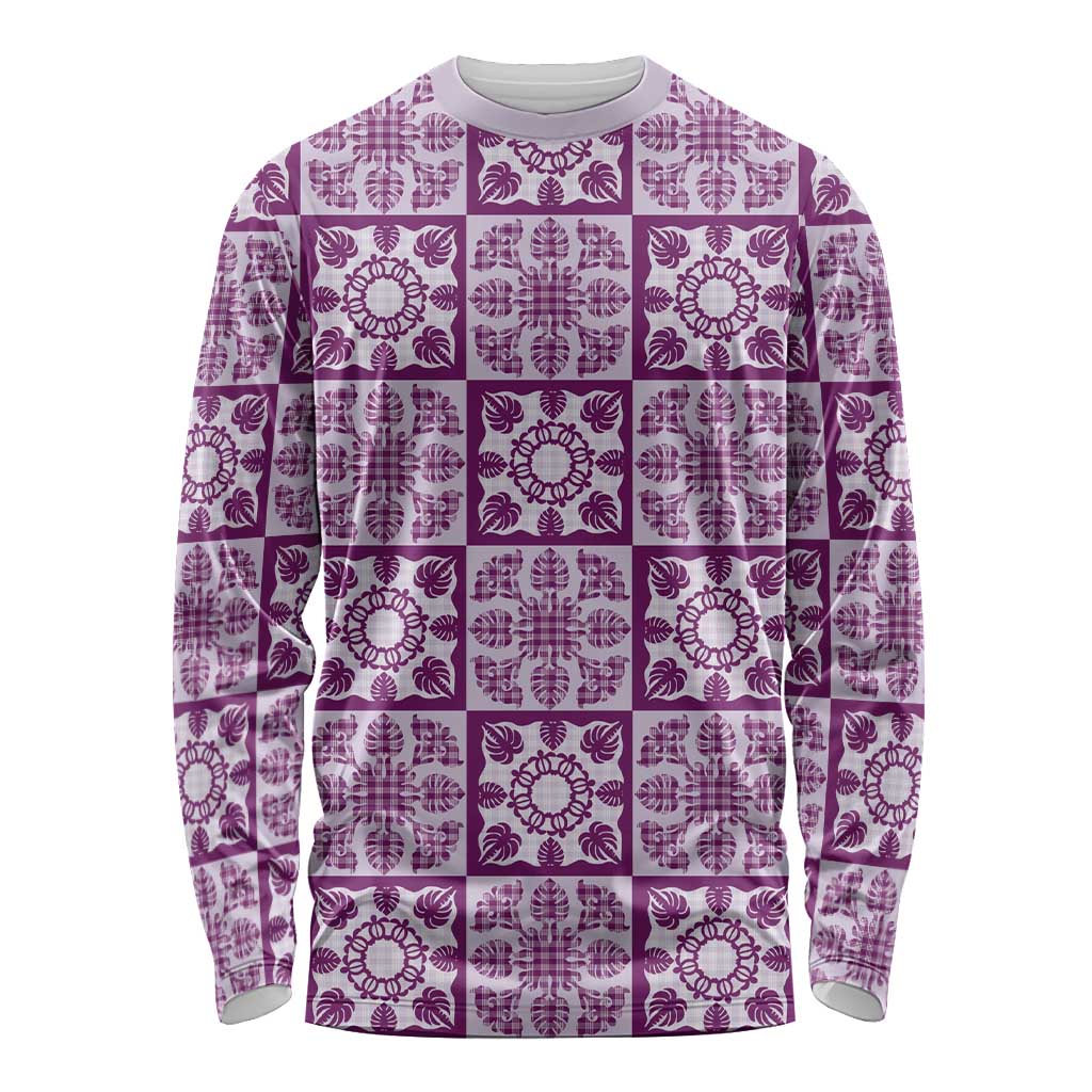 Poni Palaka Quilt Hawaii Long Sleeve Shirt Hawaiian Tropical Monstera Sea Turtle LT14 Unisex Purple - Polynesian Pride