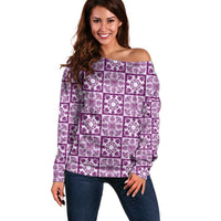 Poni Palaka Quilt Hawaii Off Shoulder Sweater Hawaiian Tropical Monstera Sea Turtle LT14 Women Purple - Polynesian Pride
