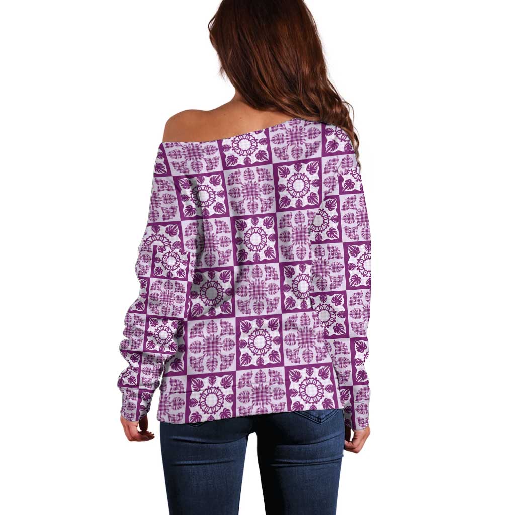 Poni Palaka Quilt Hawaii Off Shoulder Sweater Hawaiian Tropical Monstera Sea Turtle LT14 - Polynesian Pride