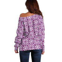 Poni Palaka Quilt Hawaii Off Shoulder Sweater Hawaiian Tropical Monstera Sea Turtle LT14 - Polynesian Pride