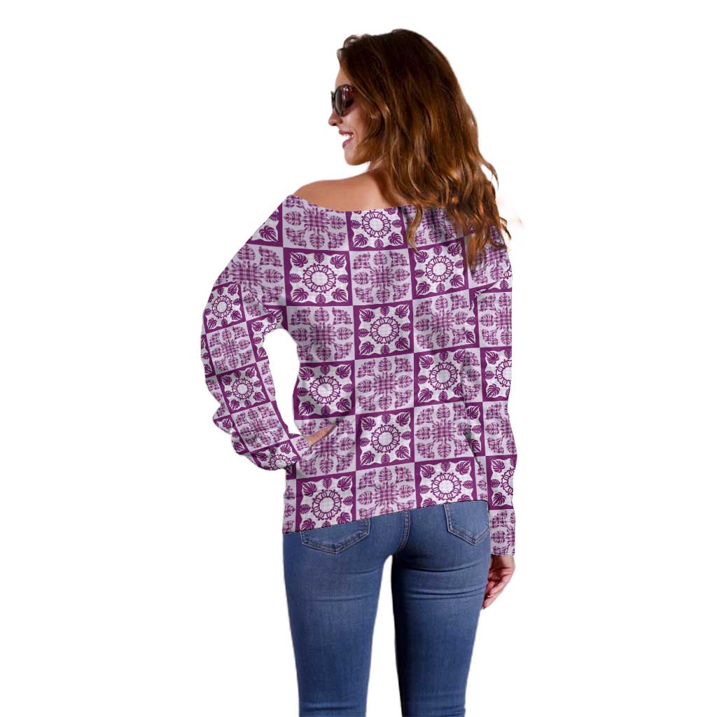 Poni Palaka Quilt Hawaii Off Shoulder Sweater Hawaiian Tropical Monstera Sea Turtle LT14 - Polynesian Pride