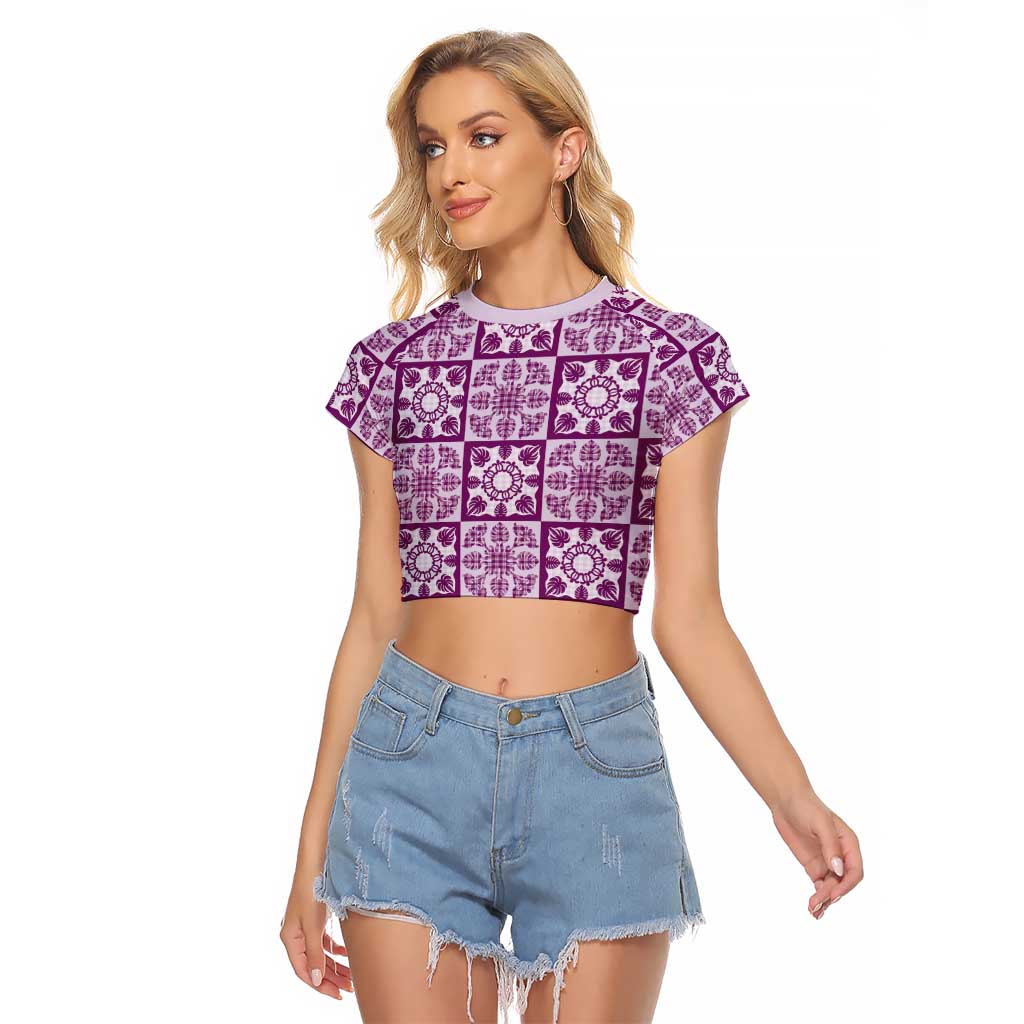 Poni Palaka Quilt Hawaii Raglan Cropped T Shirt Hawaiian Tropical Monstera Sea Turtle LT14 Female Purple - Polynesian Pride