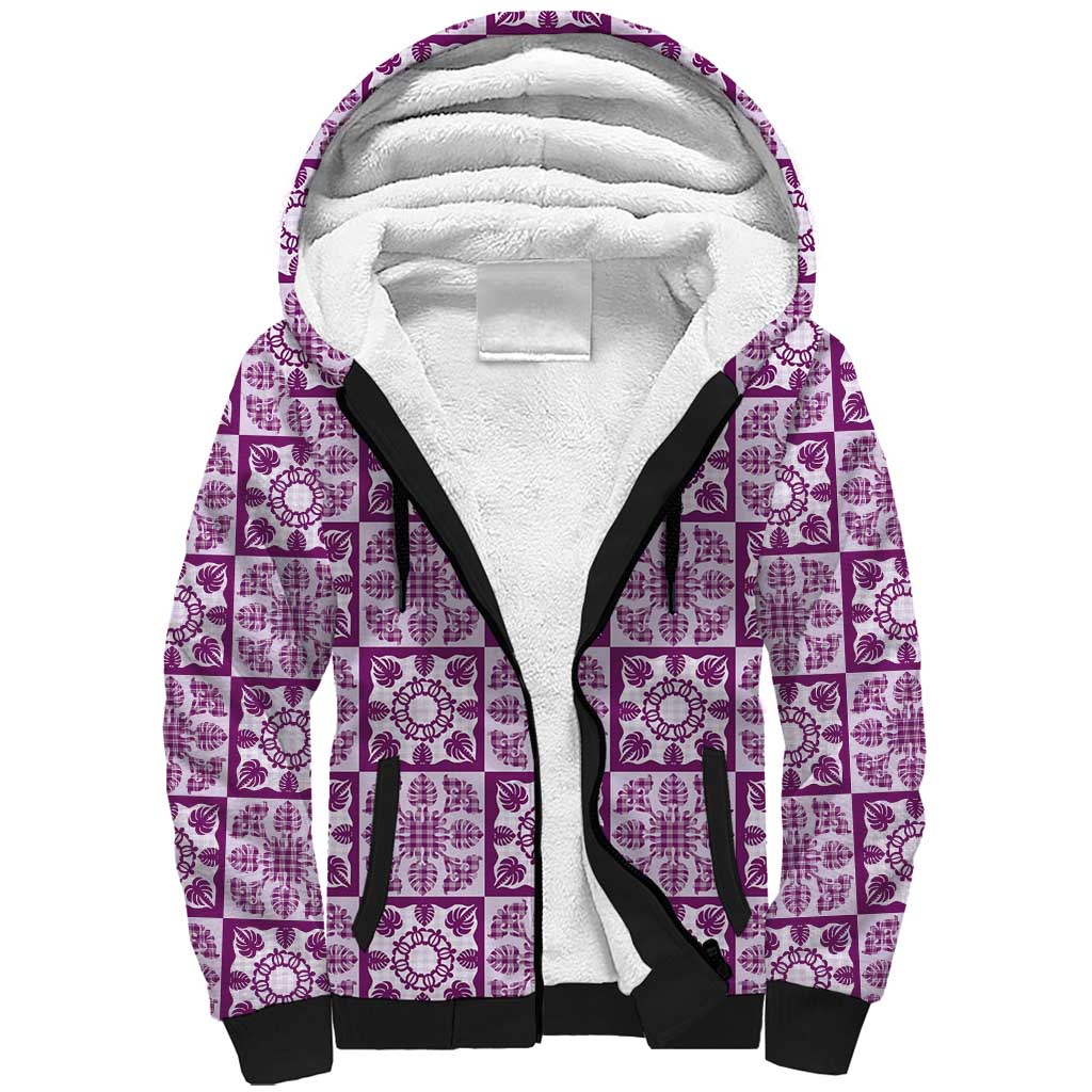 Poni Palaka Quilt Hawaii Sherpa Hoodie Hawaiian Tropical Monstera Sea Turtle LT14 Unisex Purple - Polynesian Pride