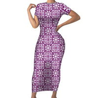 Poni Palaka Quilt Hawaii Short Sleeve Bodycon Dress Hawaiian Tropical Monstera Sea Turtle LT14 Long Dress Purple - Polynesian Pride