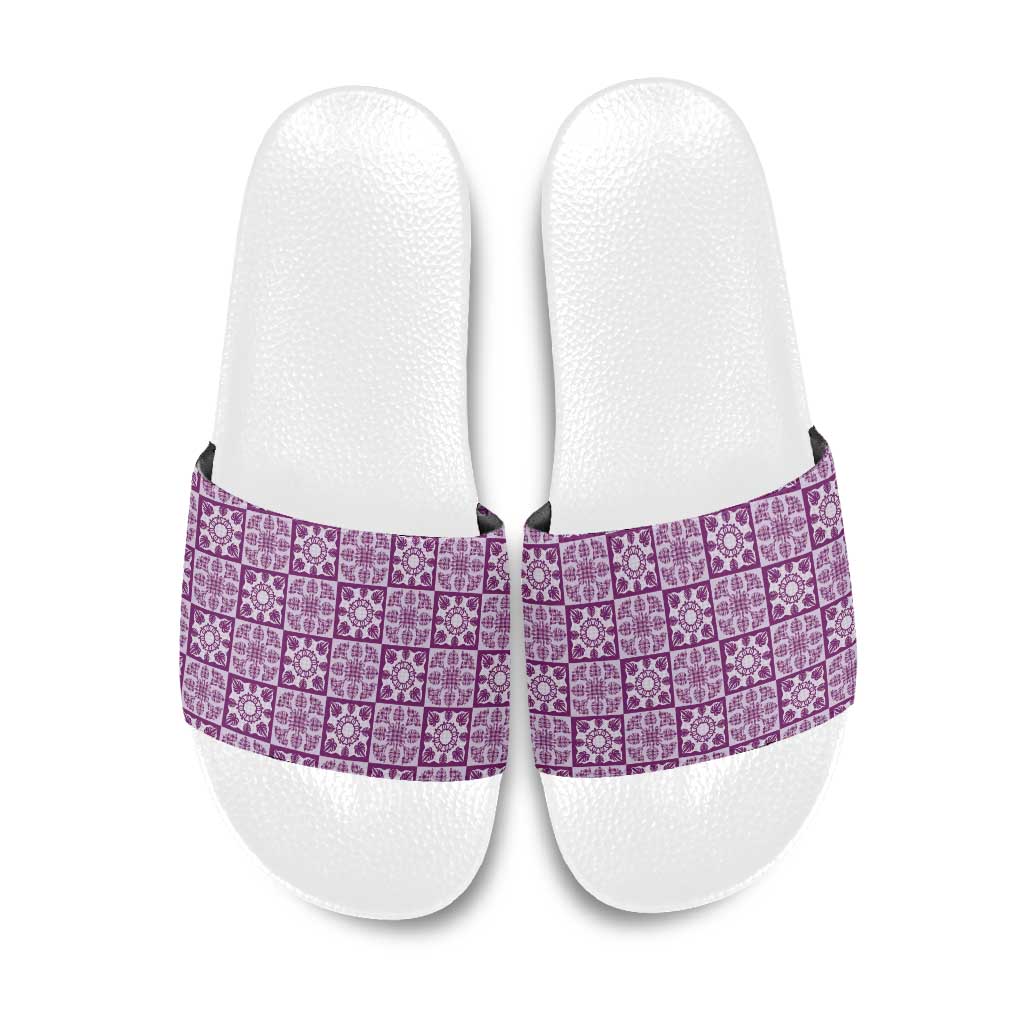 Poni Palaka Quilt Hawaii Slide Sandals Hawaiian Tropical Monstera Sea Turtle LT14 Purple - Polynesian Pride