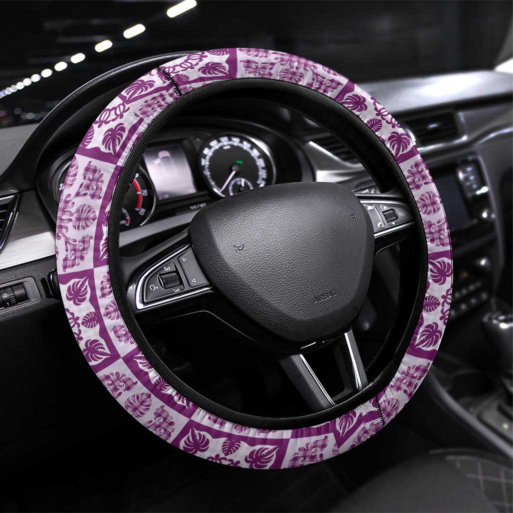 Poni Palaka Quilt Hawaii Steering Wheel Cover Hawaiian Tropical Monstera Sea Turtle LT14 Universal Fit Purple - Polynesian Pride