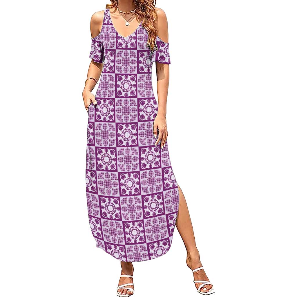 Poni Palaka Quilt Hawaii Summer Maxi Dress Hawaiian Tropical Monstera Sea Turtle LT14 Women Purple - Polynesian Pride