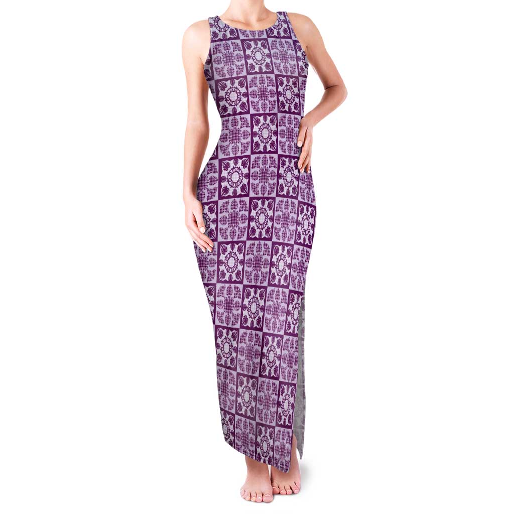 Poni Palaka Quilt Hawaii Tank Maxi Dress Hawaiian Tropical Monstera Sea Turtle LT14 Women Purple - Polynesian Pride