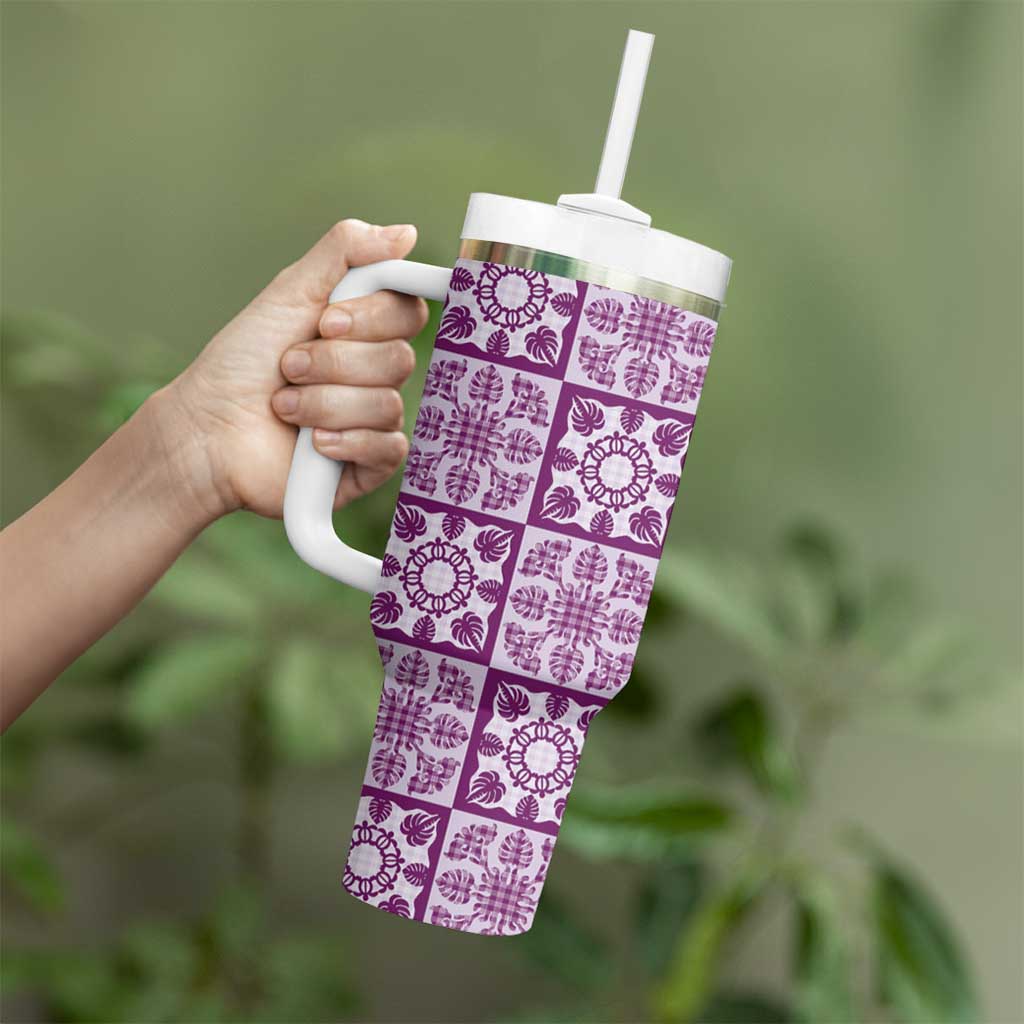 Poni Palaka Quilt Hawaii Tumbler With Handle Hawaiian Tropical Monstera Sea Turtle LT14 - Polynesian Pride