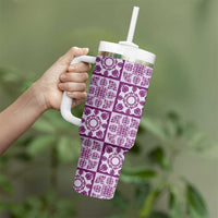 Poni Palaka Quilt Hawaii Tumbler With Handle Hawaiian Tropical Monstera Sea Turtle LT14 - Polynesian Pride