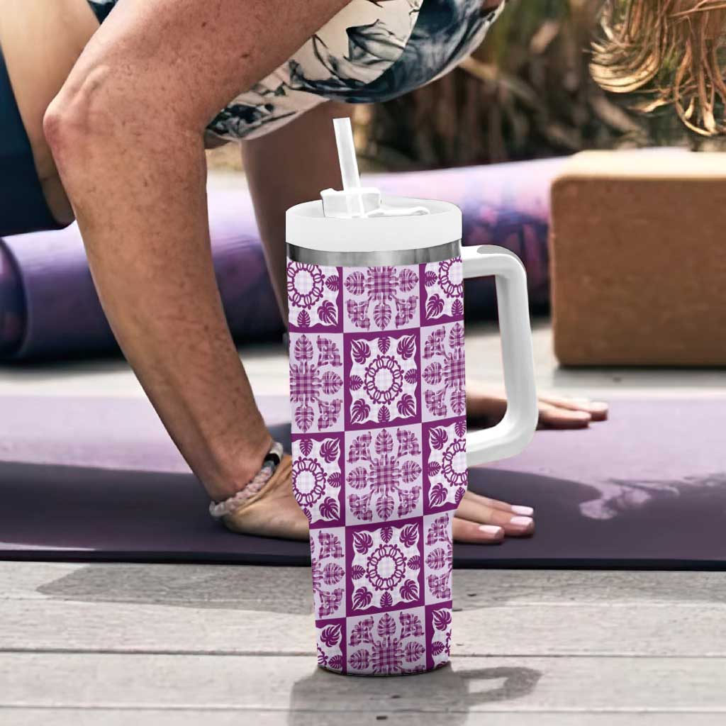 Poni Palaka Quilt Hawaii Tumbler With Handle Hawaiian Tropical Monstera Sea Turtle LT14 - Polynesian Pride