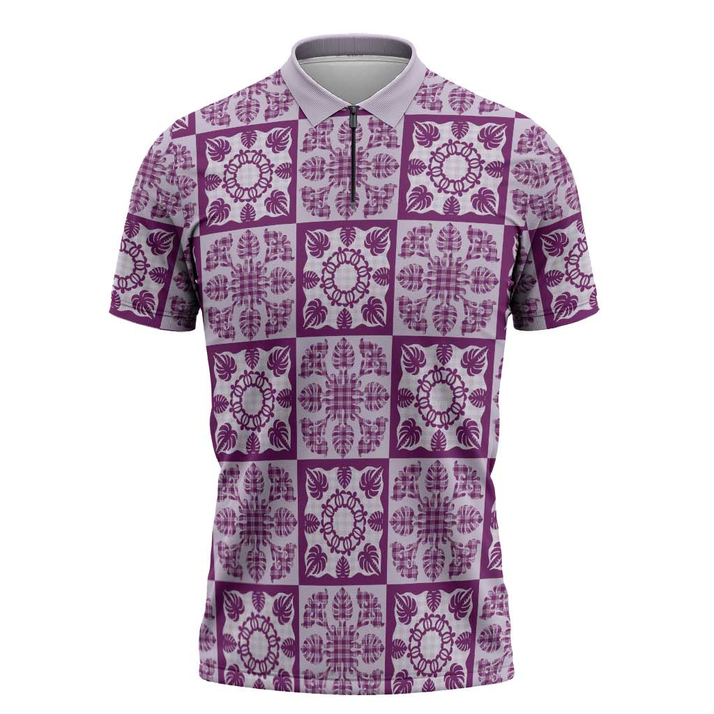 Poni Palaka Quilt Hawaii Zipper Polo Shirt Hawaiian Tropical Monstera Sea Turtle LT14 Purple - Polynesian Pride